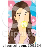 Brunette Woman Licking A Yellow Lolipop
