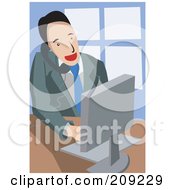 Royalty Free RF Clipart Illustration Of A Businsesman Holding A Phone Between His Shoulder And Ear While Typing On An Office Computer