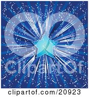 Poster, Art Print Of Bright Blue Christmas Star Shining Over A Bursting Blue Background