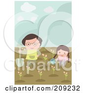 Poster, Art Print Of Girl And Dad Planting And Watering Flowers In A Garden