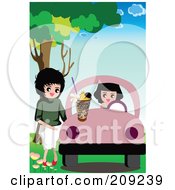 Royalty Free RF Clipart Illustration Of Two Women With A Pink Car A Milkshake On The Hood by mayawizard101