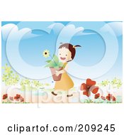 Poster, Art Print Of Girl Carrying A Potted Flower In A Garden