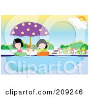 Royalty Free RF Clipart Illustration Of Two Girls With Beverages At A Beach by mayawizard101