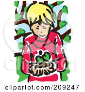 Poster, Art Print Of Blond Boy Holding A Seedling Plant