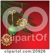 Poster, Art Print Of Christmas Tree Branch Decorated In Golden Snoflake And A Green Bauble Ornaments