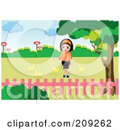 Royalty Free RF Clipart Illustration Of A Happy Girl Feeding Chicks In A Yard