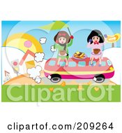 Royalty Free RF Clipart Illustration Of Two Girls Riding On A Bus With Food by mayawizard101