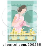 Lady Watering Flowers In A Window Planter Box