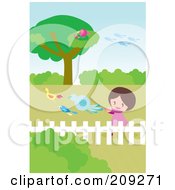 Poster, Art Print Of Happy Girl Chasing Birds In A Yard