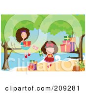 Poster, Art Print Of Two Girls Opening Presents Under Trees At A Beach