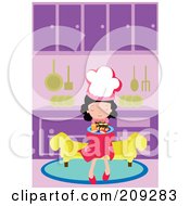 Little Chef Girl Sitting On A Bench With A Plate Of Sushi In A Kitchen