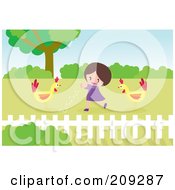 Poster, Art Print Of Happy Girl Feeding Chickens In A Yard