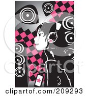 Emo Girl Listening To Music Over Pink And Black Checkers