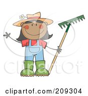 Black Farmer Girl Holding A Rake And Waving