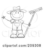 Outlined Farmer Boy Holding A Rake And Waving