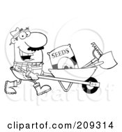 Royalty Free RF Clipart Illustration Of An Outlined Male Landscaper Pushing Seeds A Rake And Shovel In A Wheelbarrow