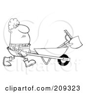 Royalty Free RF Clipart Illustration Of An Outlined Female Landscaper Pushing A Rake And Shovel In A Wheelbarrow
