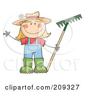 Caucasian Farmer Girl Holding A Rake And Waving