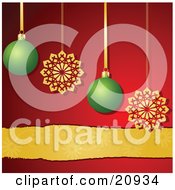 Two Gold Snowflake Ornaments And Two Green Christmas Baubles Suspended Over A Red Background With A Golden Ribbon by elaineitalia