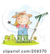 Royalty Free RF Clipart Illustration Of A Caucasian Farmer Girl Waving And Holding A Rake