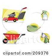 Digital Collage Of A Lawnmower Wheel Barrow Hose Spray Bottle And Nozzle