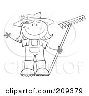Royalty Free RF Clipart Illustration Of An Outlined Farmer Girl Holding A Rake And Waving