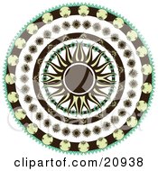 Clipart Illustration Of A Retro Black And Yellow Sun In The Center Of A Circle Of Floral Patterns Over A White Background