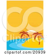 Poster, Art Print Of Two Palm Trees On A Sandy Island In The Middle Of The Ocean The Sun Setting On The Horizon
