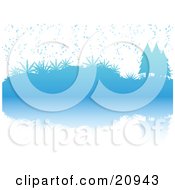 Poster, Art Print Of Blue Wintry Christmas Scene Of Snow Falling On Evergreen Trees And Plants Reflecting In Water