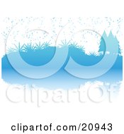 Clipart Illustration Of A Blue Wintry Christmas Scene Of Snow Falling On Evergreen Trees And Plants Reflecting In Water