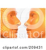 3d Orange Virtual Heads Gazing At Each Other Over Binary Code