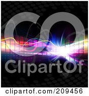 Poster, Art Print Of Colorful Equalizer With Bright Light Squiggly Lines And Halftone On Black