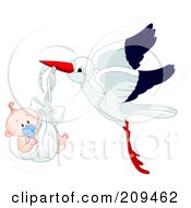 Poster, Art Print Of Cute Stork Flying A Baby Boy With A Pacifier In A Blanket