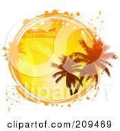 Poster, Art Print Of Circle Of A Plane Palm Trees And An Orange Sunset With White And Orange Grunge Marks
