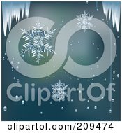 Royalty Free RF Clipart Illustration Of An Icy Window Background With Icicles And Snowflakes by elaineitalia