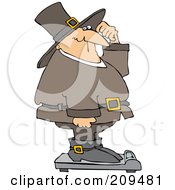 Poster, Art Print Of Overweight Pilgrim Man Standing Confused On A Scale