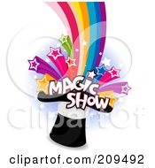Poster, Art Print Of Royalty-Free Rf Clipart Illustration Of Magic Show Text And Stars Shooting Out Of A Magic Hat On A Blue And White Background