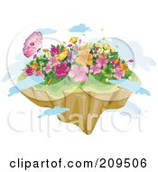 Butterfly And Spring Flowers On A Floating Island With Clouds