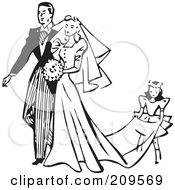Poster, Art Print Of Retro Black And White Girl Carrying The Train Of A Brides Dress