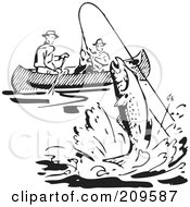 Retro Black And White Men Fishing In A Boat A Fish Leaping