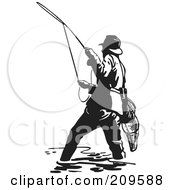 Royalty Free RF Clipart Illustration Of A Retro Black And White Wading Fisherman Casting A Line by BestVector