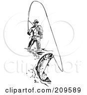 Poster, Art Print Of A Retro Black And White Wading Fisherman Reeling In A Fish