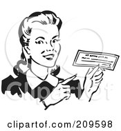 Royalty Free RF Clipart Illustration Of A Retro Black And White Woman Holding A Check by BestVector