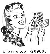 Poster, Art Print Of Retro Black And White Woman Holding Cash