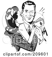 Poster, Art Print Of Retro Black And White Woman Kissing Her Husband On The Cheek As He Hands Her Money