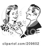 Poster, Art Print Of Retro Black And White Man Handing Cash To A Woman