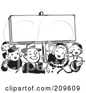 Royalty Free RF Clipart Illustration Of A Retro Black And White Crowd By A Blank Sign by BestVector #COLLC209609-0144