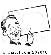 Retro Black And White Businessman Pointing To A Blank Sign