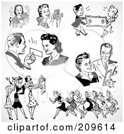 Royalty Free RF Clipart Illustration Of A Digital Collage Of Retro Black And White Men And Women Shopping by BestVector #COLLC209614-0144