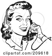 Poster, Art Print Of Retro Black And White Retro Woman Smiling And Chatting On A Phone